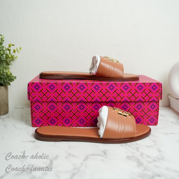 Tory Burch Everly Calf Leather Gold Logo Slide Sandals in Tan 60245 NIB - Picture 2 of 9